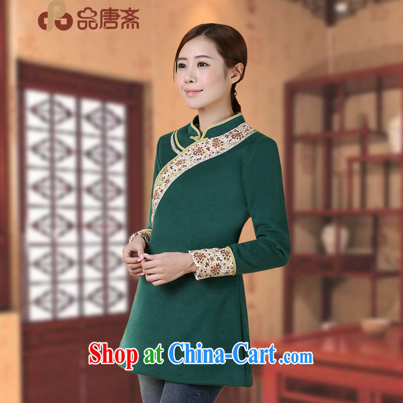 Mr Tang, Id al-Fitr 2014 autumn and winter clothes new Ethnic Wind long-sleeved cultivating improved cheongsam shirt dark green XL