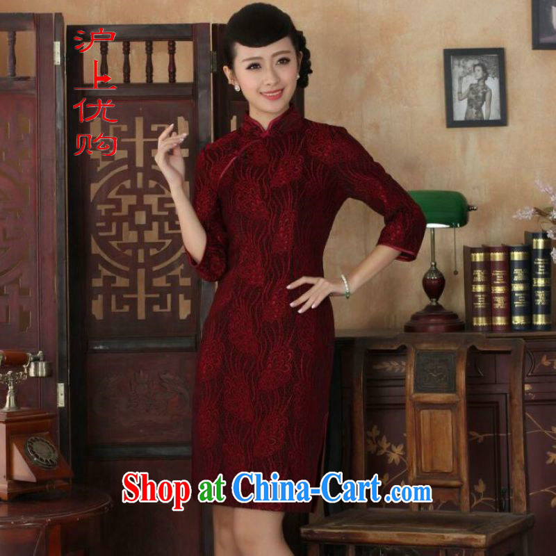 Shanghai, optimize purchase Chinese improved cheongsam dress long skirt-stretch lace gold velour cheongsam beauty skirt 7 cuff TD 0024 Map Color XL