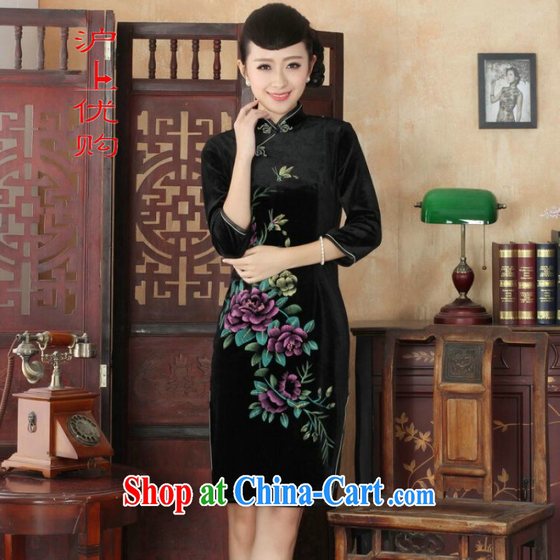 Shanghai, optimize purchase Chinese improved cheongsam dress long skirt-stretch the wool beauty dresses skirts 7 Cuff - A black 2 XL, Shanghai, optimization, and, online shopping