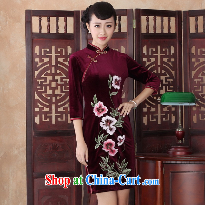 Take the dresses fall Women's clothes improved stylish gold velour Daily Beauty, for retro short style embroidery cheongsam dress red 2 XL
