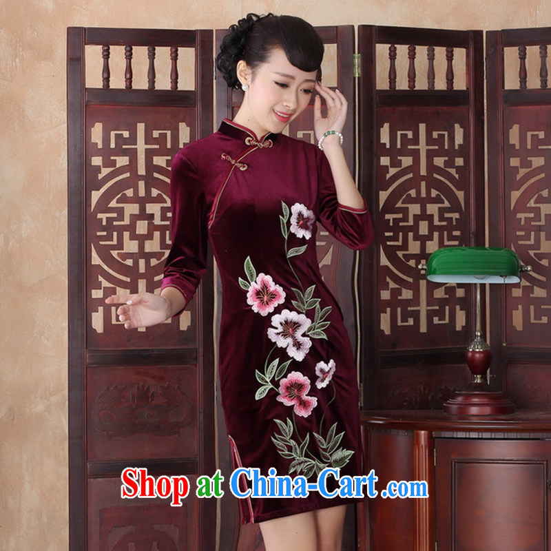 Take the dresses fall Women's clothes improved stylish gold velour Daily Beauty, for retro short style embroidery cheongsam dress red 2 XL, spend figure, and shopping on the Internet