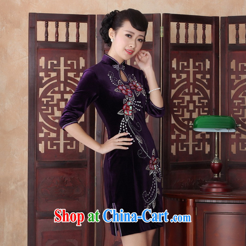 Take the robes fall on high-end custom manually staple mother Pearl cheongsam dress, collar retro gold velour cheongsam short, noble, first 2 XL, spend, and shopping on the Internet