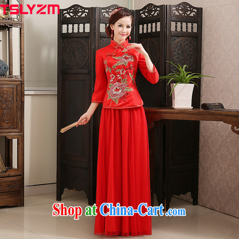 tslyzm marriages cheongsam dress red bows, new, Chinese Antique improved long-sleeved winter red L