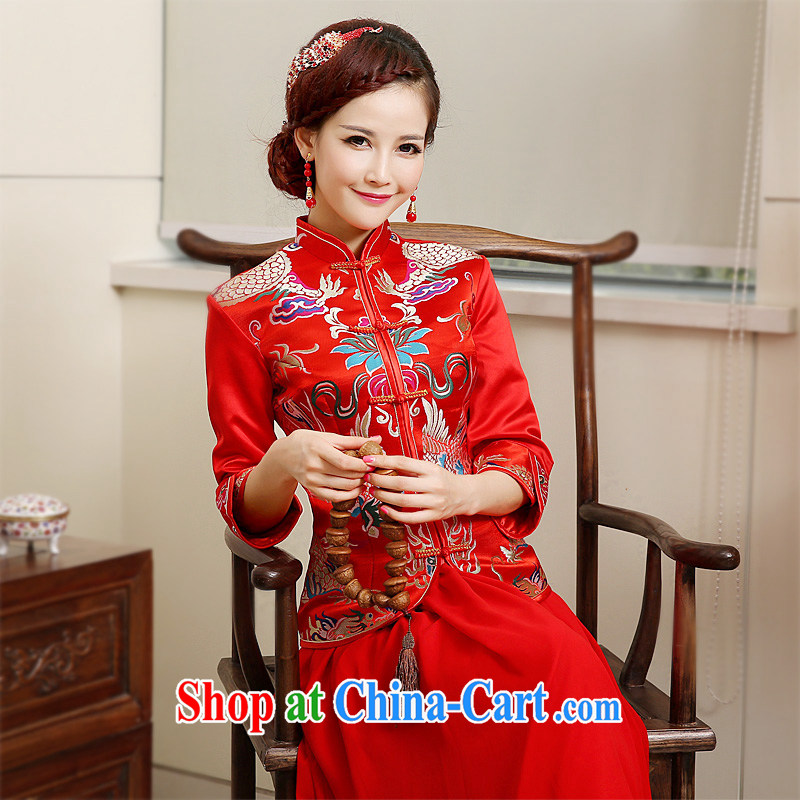 2015 spring and summer new dress cheongsam red improved retro wedding toast wedding serving long-sleeved thick bridal red XXXL