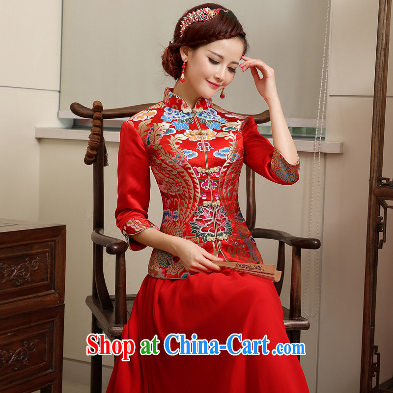 Chinese wedding dress show reel service long, long-sleeved cotton bows clothing spring and summer bridal dresses 2015 new stylish red XXXL