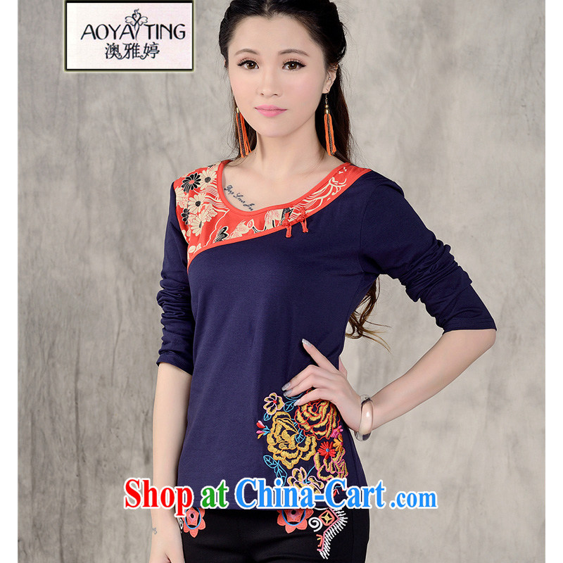 o Ya-ting 2014 autumn and winter clothing new embroidered Ethnic Wind square dance clothes T-shirt and ventricular hypertrophy, female China wind beauty embroidery solid long-sleeved T-shirt woman navy blue L, O Ya-ting (aoyating), online shopping