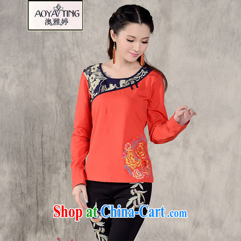 o Ya-ting 2014 autumn and winter clothing new embroidered Ethnic Wind square dance clothes T-shirt and ventricular hypertrophy, female China wind beauty embroidery solid long-sleeved T-shirt woman navy blue L, O Ya-ting (aoyating), online shopping