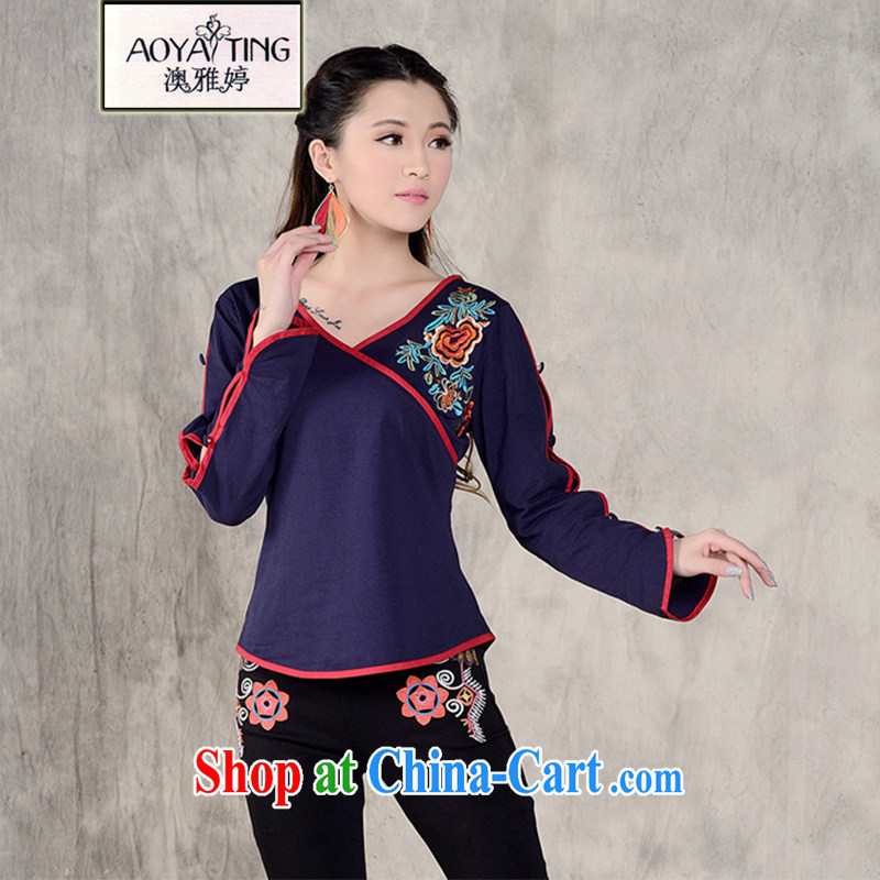o Ya-ting 2014 autumn and the new embroidered Ethnic Wind women's clothing China wind beauty embroidery solid long-sleeved T-shirt girls large, square dance clothes T-shirt royal blue XXXXL