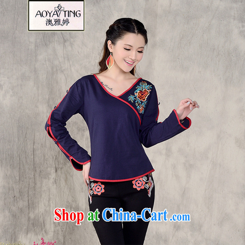 o Ya-ting 2014 autumn and the new embroidered Ethnic Wind women's clothing China wind beauty embroidery solid long-sleeved T-shirt girls large, square dance clothes T-shirt royal blue XXXXL, O Ya-ting (aoyating), and on-line shopping