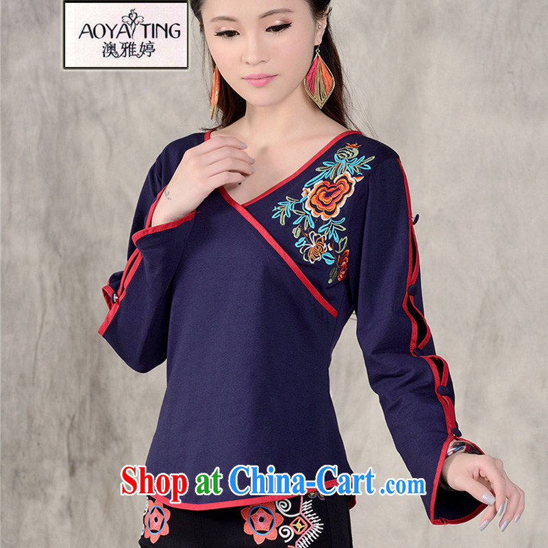 o Ya-ting 2014 autumn and the new embroidered Ethnic Wind women's clothing China wind beauty embroidery solid long-sleeved T-shirt girls large, square dance clothes T-shirt royal blue XXXXL, O Ya-ting (aoyating), and on-line shopping