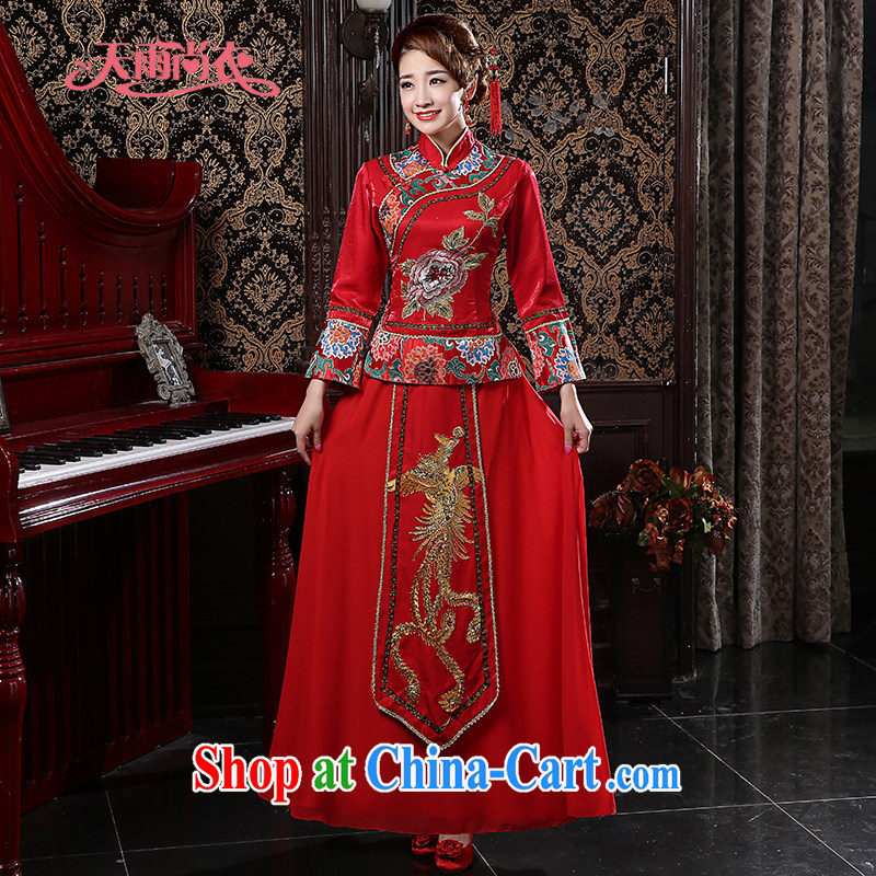 Rain is still Yi new bride wedding dress red retro improved Chinese style wedding wedding long cheongsam Kit embroidered skirt QP 565 red tailored is not returned.