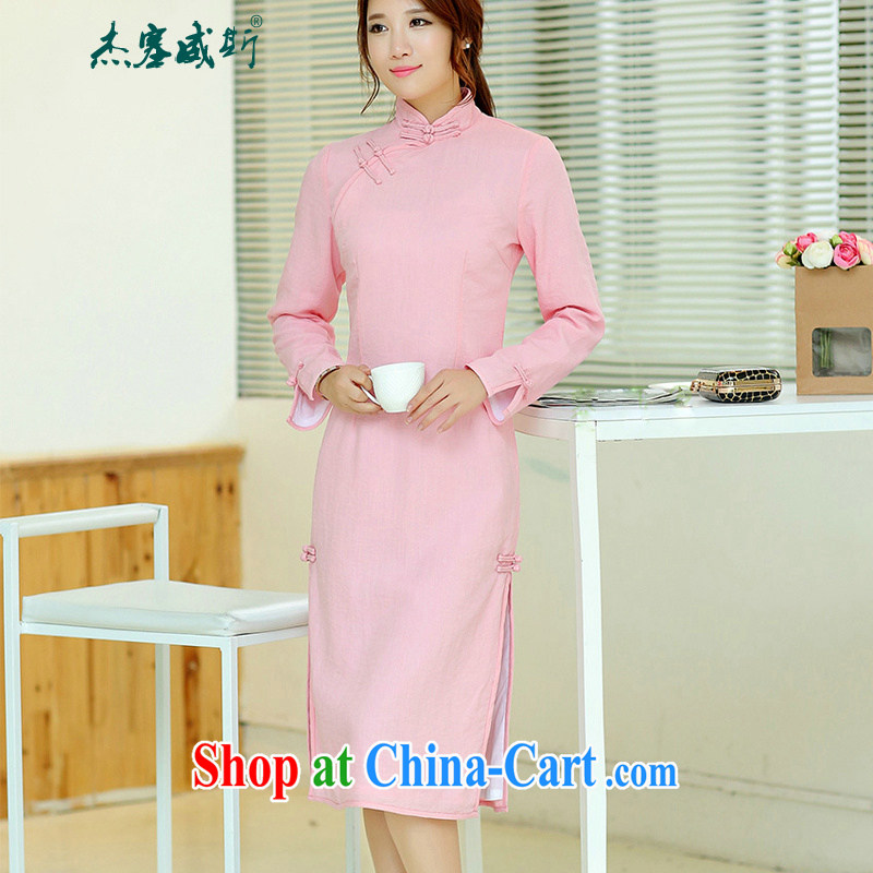 Jack Plug, spring and summer women's clothing new cheongsam dress retro long cotton MA, for manual for improved solid-colored cheongsam dress pink XXL