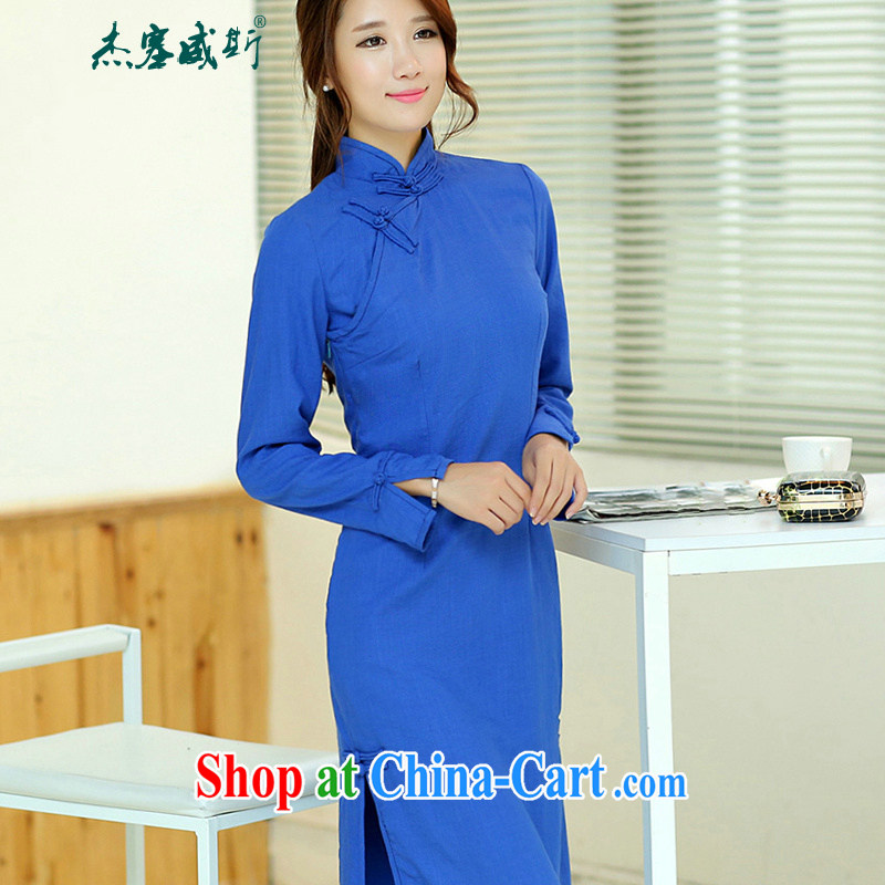 Jack Plug, spring and summer women's clothing new cheongsam dress retro elegant long, cotton, the Commission for manual for improved solid-colored cheongsam dress royal blue XXL