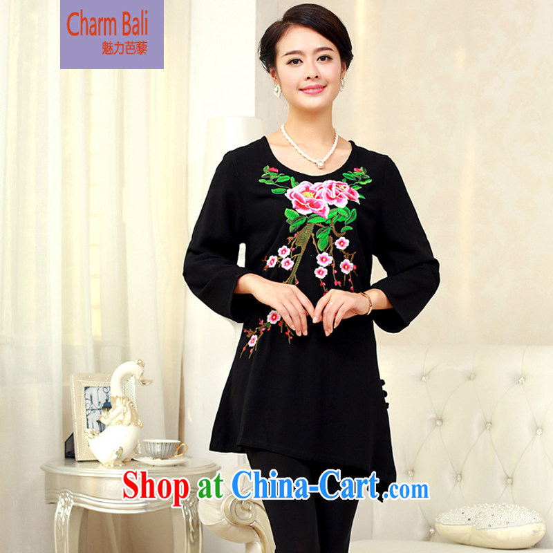 2014 fall and winter girls decorated in old cotton embroidered Chinese T-shirt FGRS black XXXL