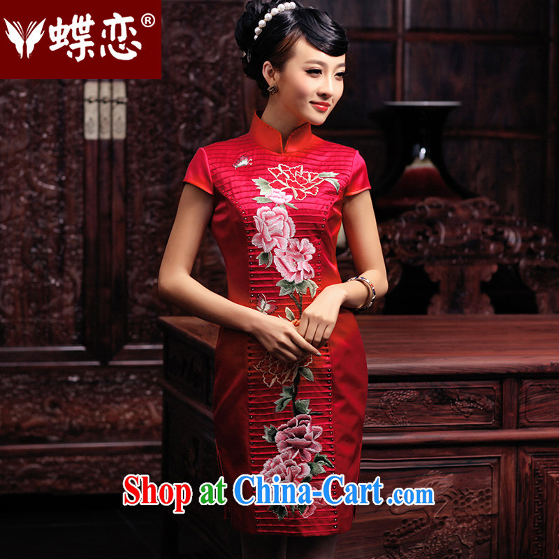 Butterfly Lovers 2015 spring new short, manually push embroidered heavy Silk Cheongsam retro improved daily outfit 49,126 Chinese red pre-sale 20 Days Out L