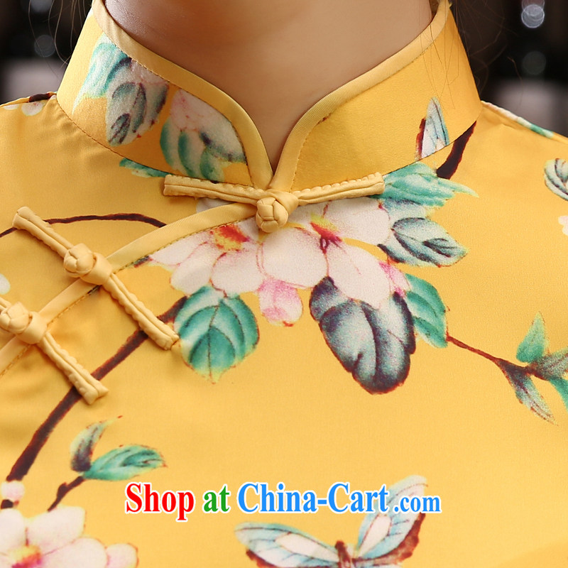 Morning dresses, new summer retro short improved stylish sauna silk silk Chinese qipao dress yellow yellow XL morning land, shopping on the Internet