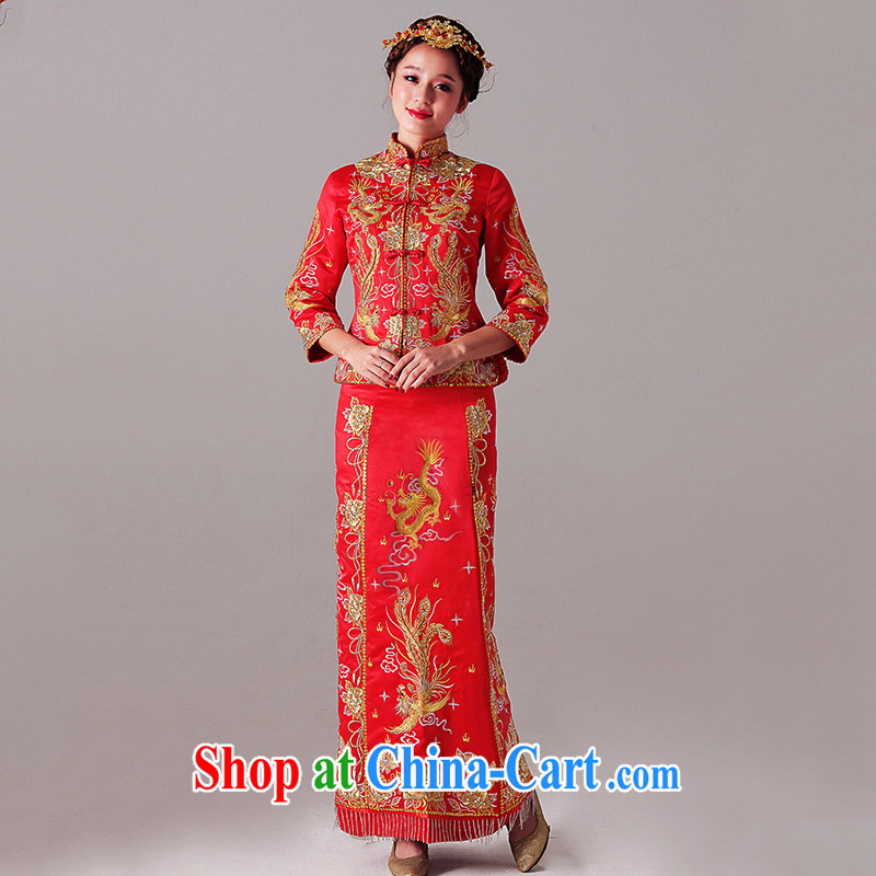On the show reel Service serving toast Fung for their embroidery and dress use Phoenix Chinese improved marriages wedding dresses dresses red L