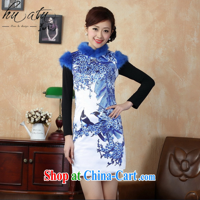 Take the Tang Women's clothes winter outfit New dresses, for gross for damask Chinese improved the cotton short cheongsam dress Blue on white flower 2 XL, spend figure, and, shopping on the Internet