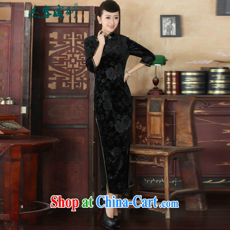 Jessup, new Pure color and elegant luxury stretch the wool long, for manually for cultivating Chinese qipao dress black XXXL