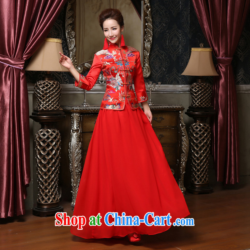 Honey, bride winter bridal dresses, long dresses bridal wedding toast serving the code wedding Xiao Fengxian embroidery dress red XXXL, honey, bride, shopping on the Internet