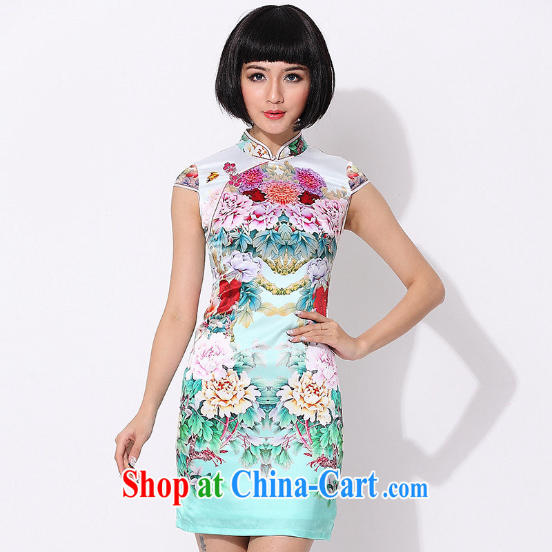 As regards 2014 new summer retro elegant qipao skirts 8001 upscale silk daily retro cheongsam dress green XXL