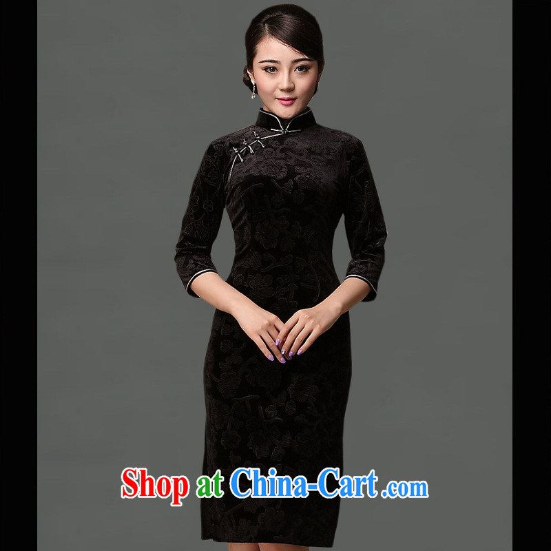 As regards new black flower cheongsam stylish autumn and winter retro wedding dresses upscale Silk Cheongsam beauty black XXXL