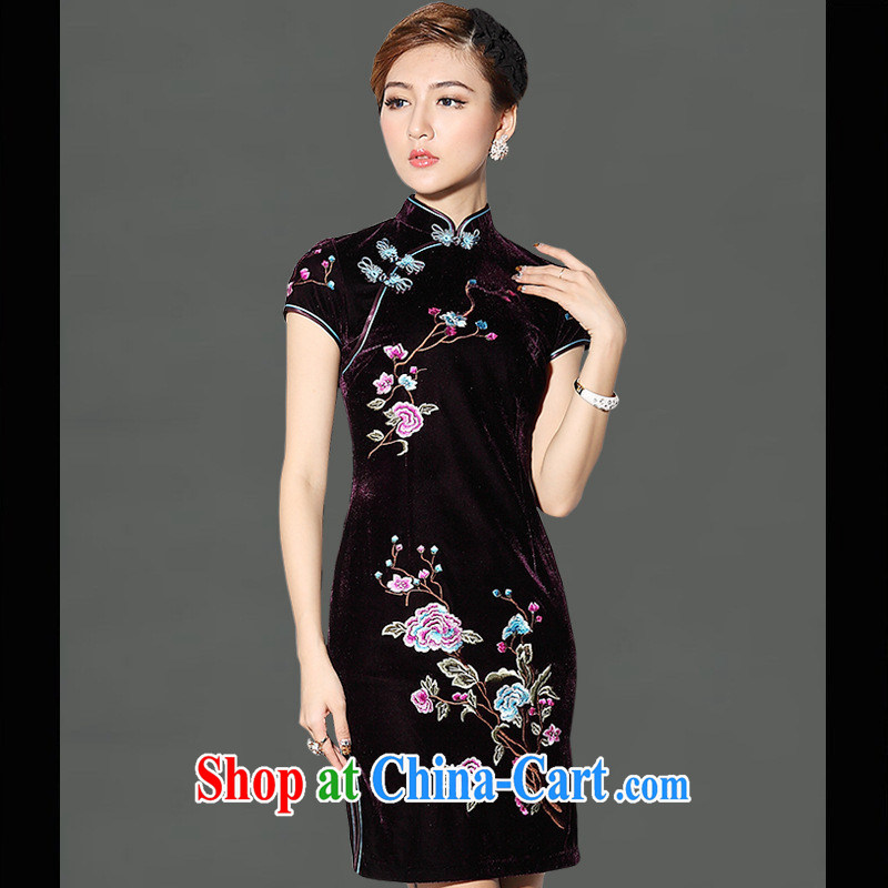 As regards genuine 2014 new improved embroidery short cheongsam daily retro graphics thin beauty_short-sleeved dresses black XXXL