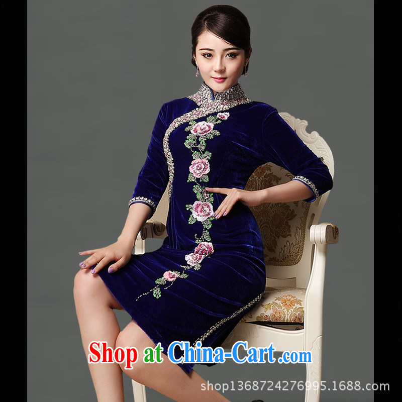 Long-term supply high quality long-sleeved robes new genuine wool winter cuff in cheongsam dress improved cheongsam wholesale blue XXXL