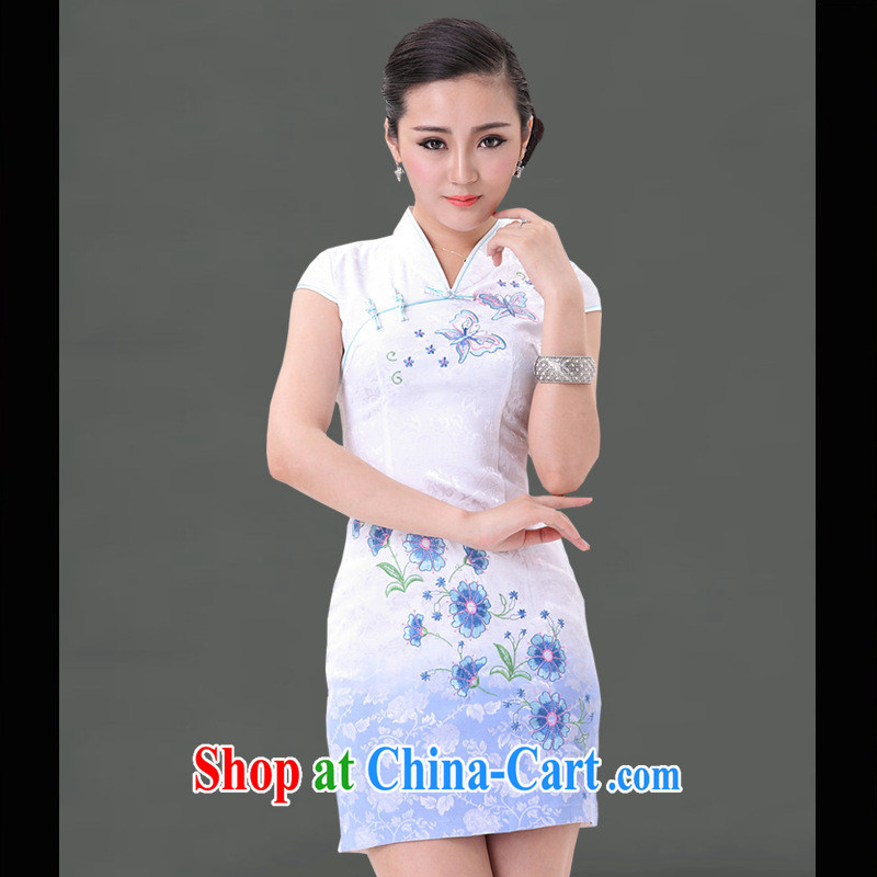 Recommended New No on the truck small cheongsam improved skirt stylish small cheongsam dress blue and white porcelain sleeveless dresses wholesale white XXL