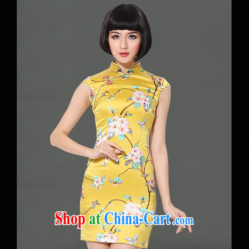 2014 new genuine yellow short silk improved Silk Cheongsam improved quality silk graphics thin dress yellow XXL