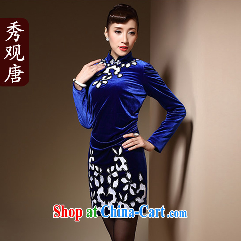 Cyd Ho Kwun Tong Hong Kong blue 2014 autumn and winter new high quality wool long-sleeved retro sporting tight embroidery cheongsam dress QC 31,031 royal blue XXL