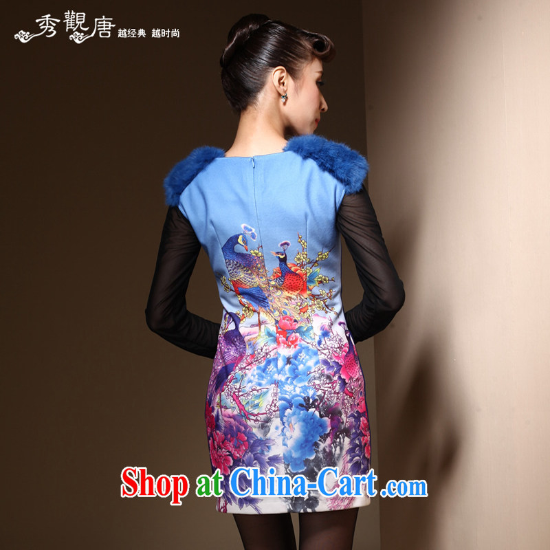 Cyd Ho Kwun Tong birds dance winter cheongsam gross stamp duty is improved cultivating staple Pearl fashion cheongsam dress QM 3914 blue XXL, Sau looked Tang, shopping on the Internet