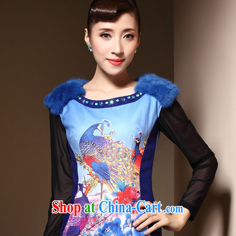 Cyd Ho Kwun Tong birds dance winter cheongsam gross stamp duty is improved cultivating staple Pearl fashion cheongsam dress QM 3914 blue XXL, Sau looked Tang, shopping on the Internet