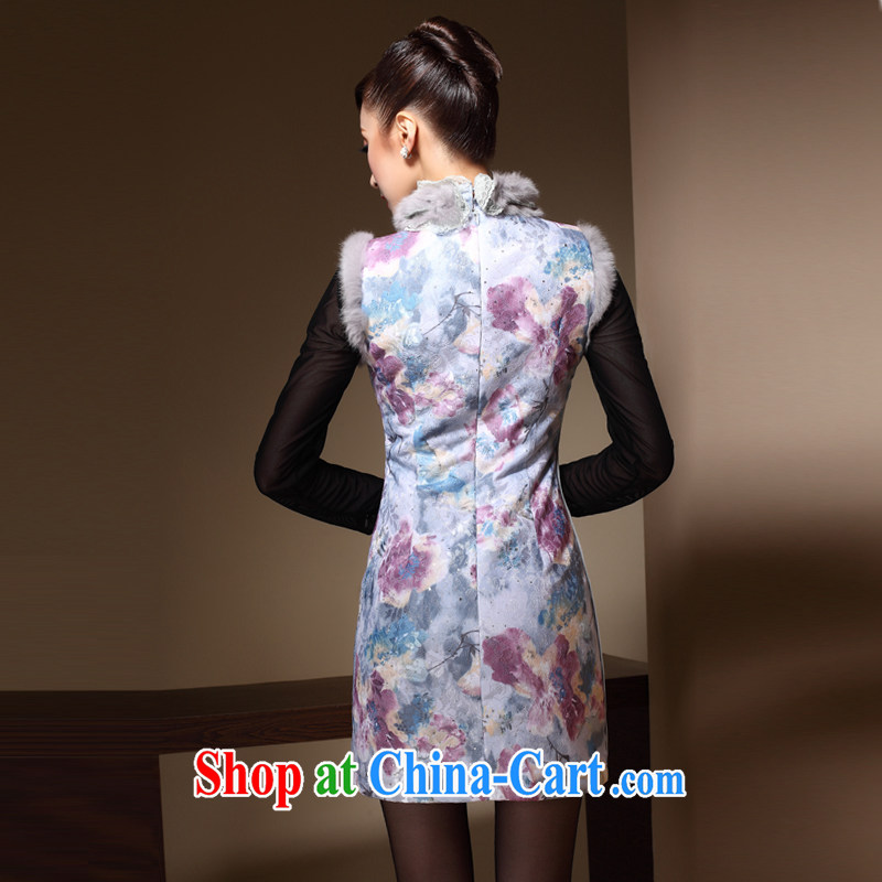 Cyd Ho Kwun Tong's improved cheongsam 2015 winter clothing new Chinese Antique rabbit hair clip cotton dress QM 3912 light blue XXL, Sau looked Tang, and shopping on the Internet