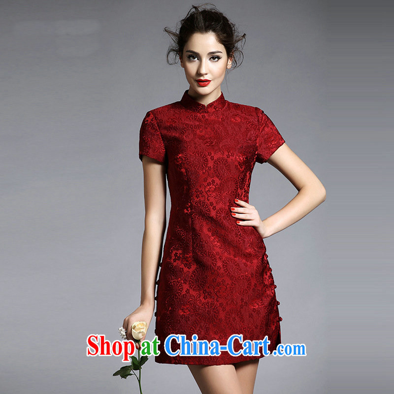 Secret ME 2014 new female elegant ethnic wind retro style improved cheongsam beauty lace, short-sleeved dress dark red L