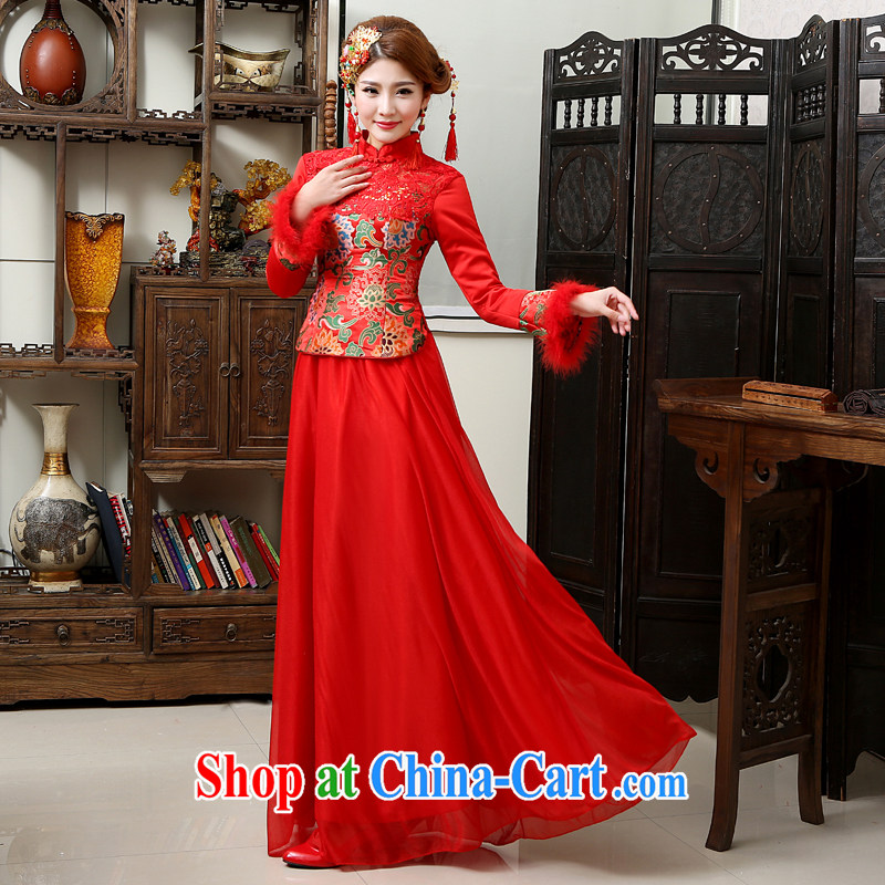 Rain is still Yi 2015 new wedding dresses cheongsam Chinese wedding bridal toast serving long-sleeved long red winter Womens dresses QP 568 red XL, rain is clothing, and shopping on the Internet