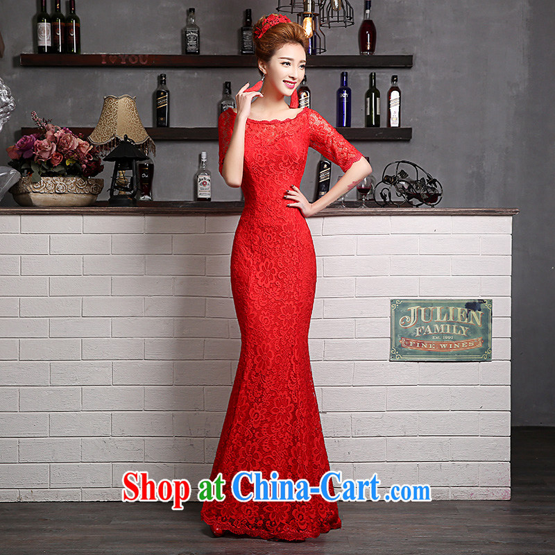Sophie AIDS nowhere than serving red bridal wedding dress 2015 new summer Korean stylish long-sleeved long-field shoulder crowsfoot dresses wedding dress red S
