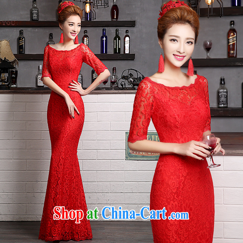 Sophie AIDS nowhere than serving red bridal wedding dress 2015 new summer Korean stylish long-sleeved long-field shoulder crowsfoot dresses wedding dress red S, Abby (SOFIE ABBY), online shopping