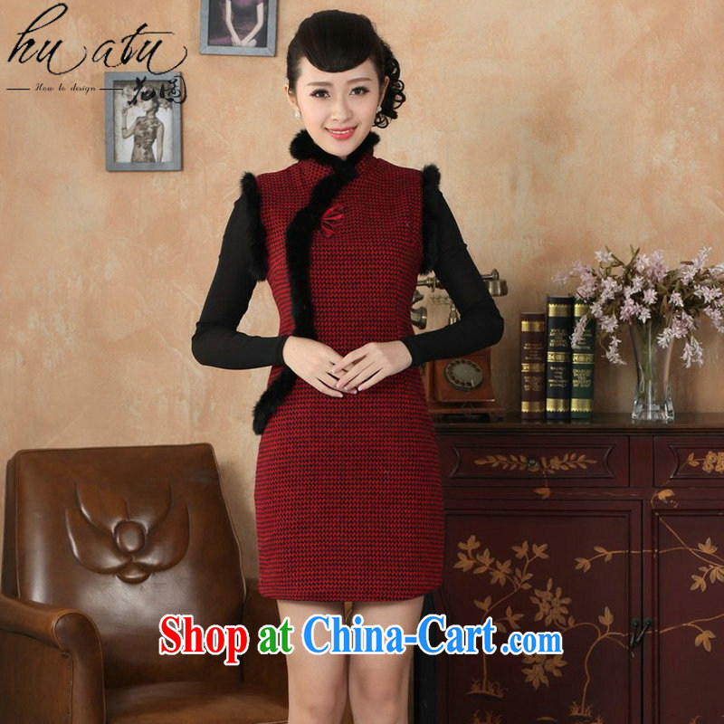 Take the Tang Women's clothes dresses fall and winter season with new, for Chinese improved tartan wool that rabbit hair collar cheongsam dress red 2 XL, flowers, and, shopping on the Internet