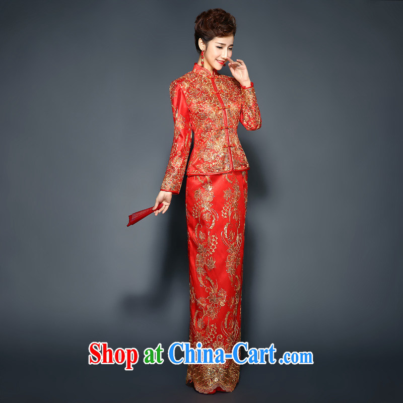 Winter outfit, red quilted Chinese wedding dress show reel service 2015 new long-sleeved, the cotton wool collar toast fall Service Bridal cheongsam dress new package mail thin XL, 100 Ka-ming, and shopping on the Internet