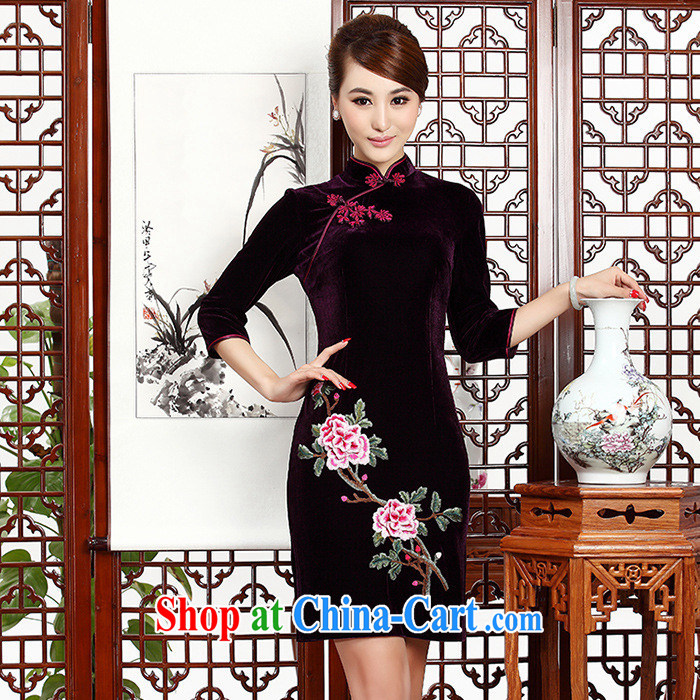 As regards new stylish embroidery short cheongsam daily retro upscale gold velour 233 _short sleeves in blue robes XXXL