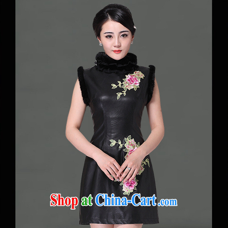 As regards a genuine new 2013 Leather Goods day-dress cheongsam dress, short dresses retro leather dresses skirt black XXL