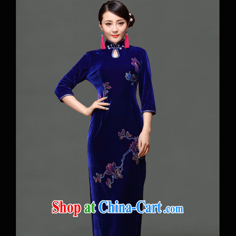 As regards genuine 2014 new upscale gold velour hand-long cheongsam dress retro elegant long dresses blue XXXL