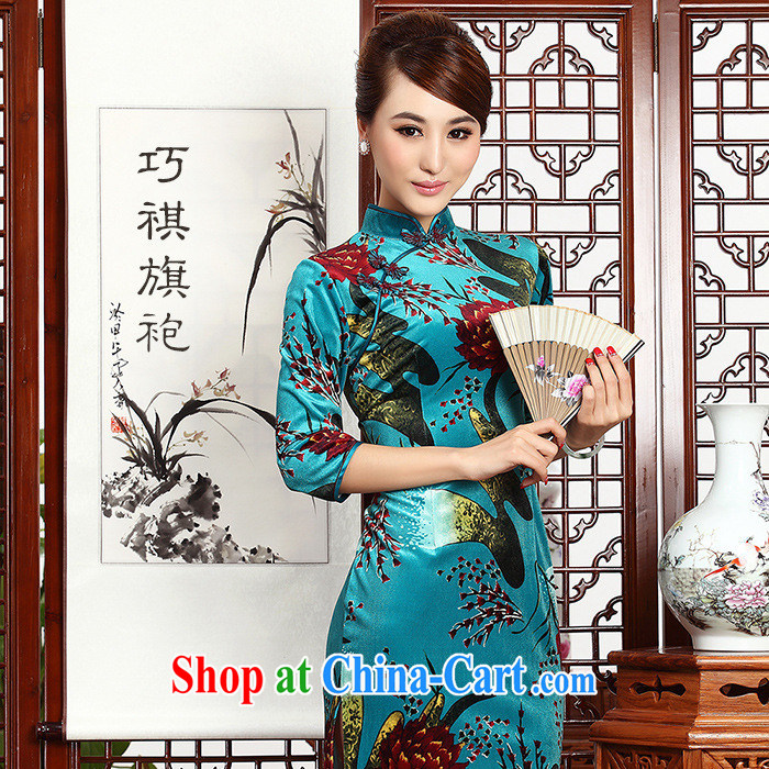 2014 as regards autumn and the new paragraph outfit cuff wool improved cheongsam Chinese wind girls dresses cheongsam blue XXL