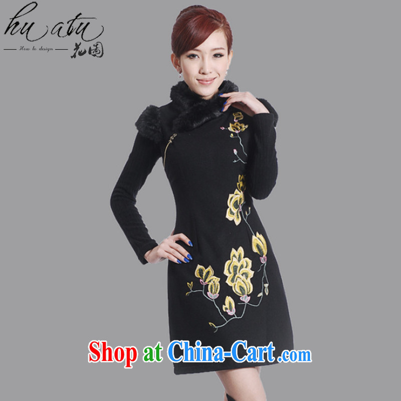 spend the winter clothes new cheongsam dress Chinese Chinese improved the collar embroidered wool collar wool dresses? dress black 2 XL