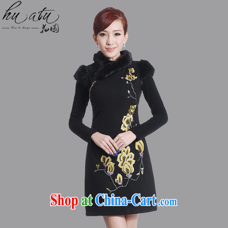 spend the winter clothes new cheongsam dress Chinese Chinese improved the collar embroidered wool collar wool dresses? dress black 2 XL, spend figure, shopping on the Internet