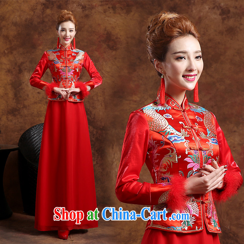 Toast clothing cheongsam dress winter 2015 new marriage toast service wedding dresses long sleeved Chinese marriages bows outfit dress uniform red thick beauty dresses red L