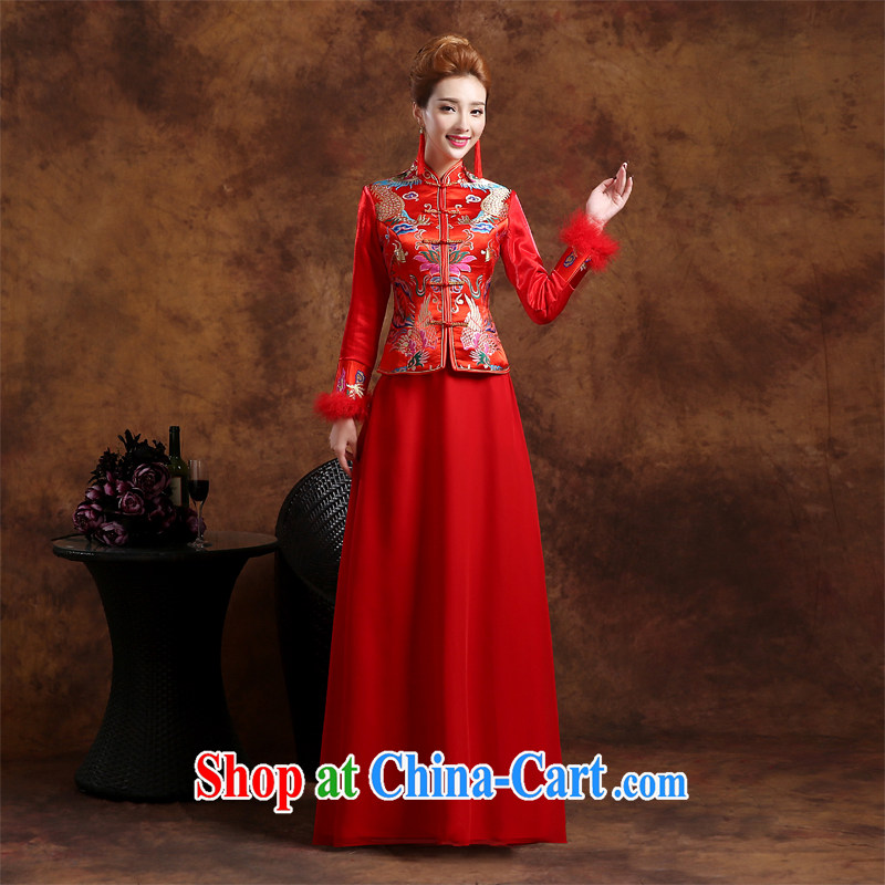 Toast clothing cheongsam dress winter 2015 new marriage toast service wedding dresses long sleeved Chinese bride's wedding dresses serving toast dress red thick beauty dresses red L, 100, ball (Ball Lily), online shopping