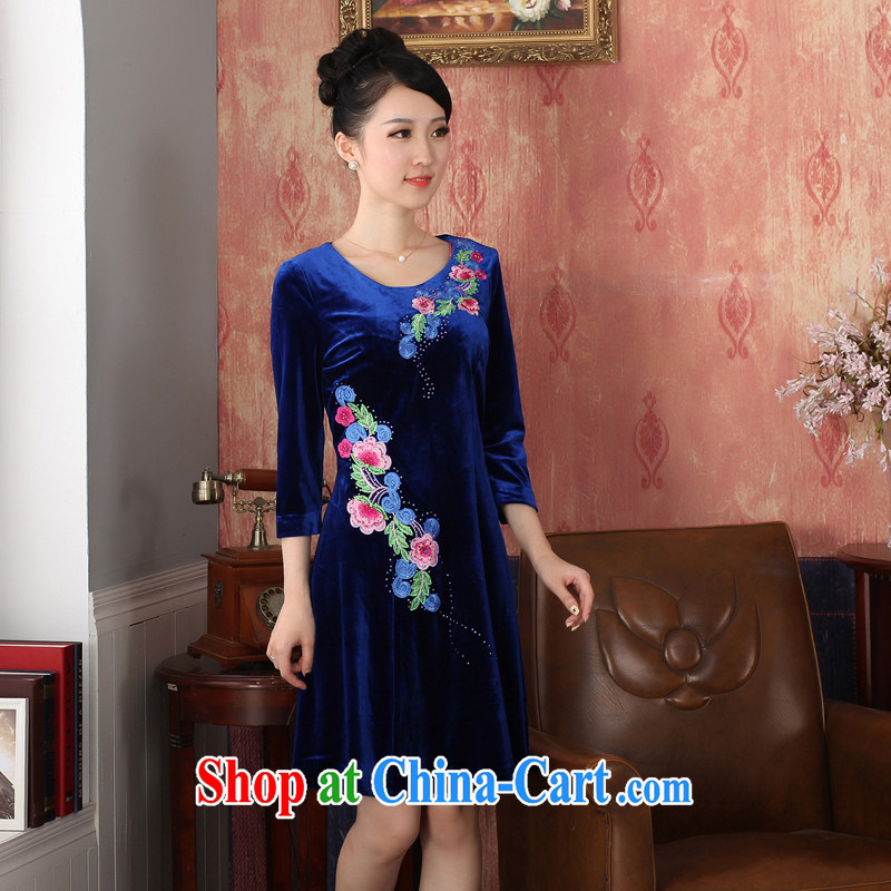 East noble counters are for cultivating long-sleeved-Solid Color plant embroidery short wool purple cheongsam elegant elegant female dresses short blue XXL