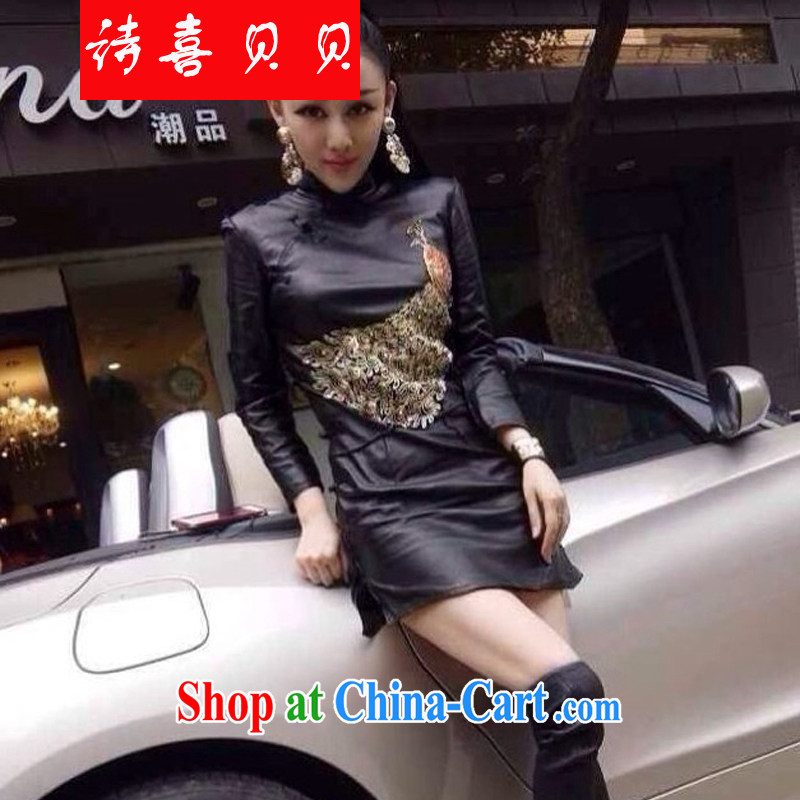 Poetry hi Babe 2015 European site retro PU leather-tie Peacock beauty package and cheongsam sexy night store leather dresses H C 619 1858 black L